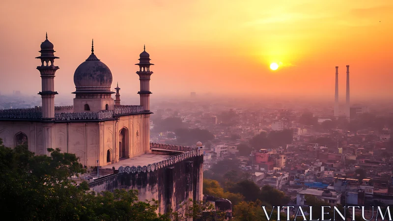 Sunrise over domed fort bastion and hazy urban sprawl