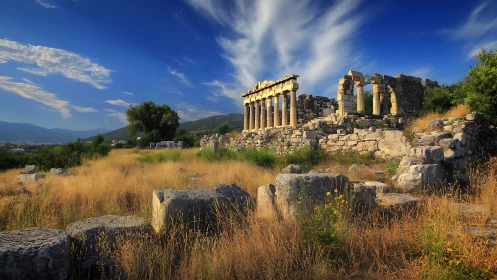 Sunlit classical temple ruins in dry grassland under dynamic sky.