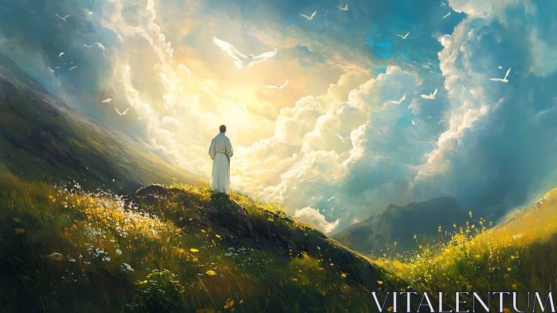 Backlit robed figure on floral ridge facing volumetric heaven portal.