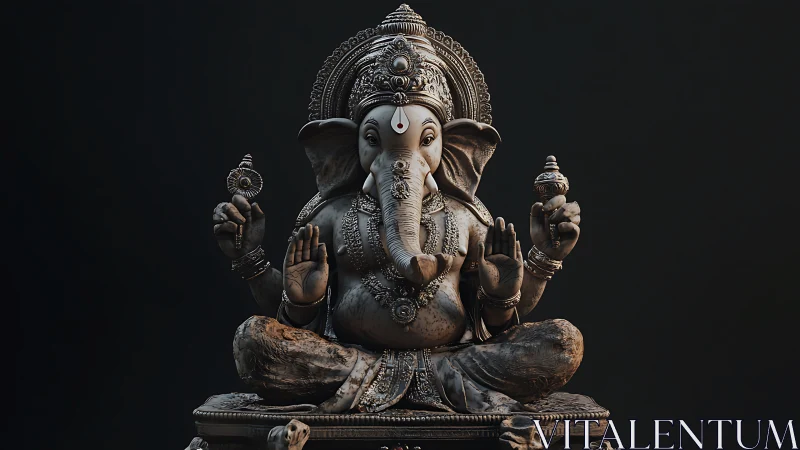 Detailed Ganesh statue in seated pose against dark background.