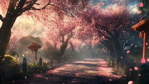 Petal-lit shrine walkway basking in dreamy spring hush.