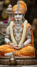 Marble deity statue in orange attire sits in meditative pose