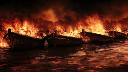Rowboats burn on dark water under a dense orange sky