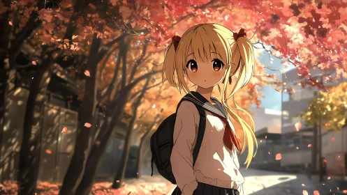 Soft autumn light surrounds a schoolgirl on a quiet path