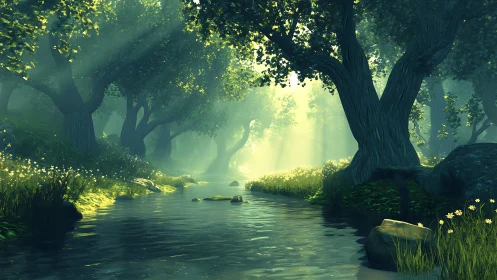 Luminescent Forest Grove Where Sunlight Dances on Water.