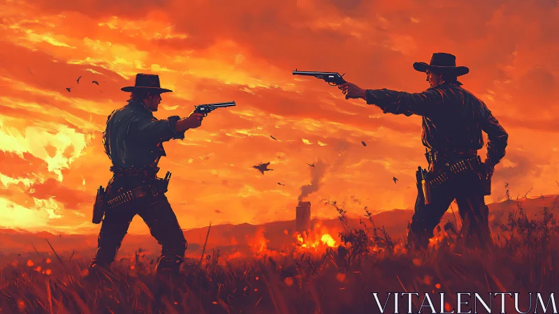 Gunfighters carve burning sky in a last red frontier duel.