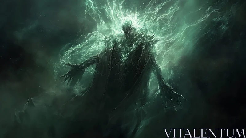 Mysterious spectral figure rising amid crackling green light.