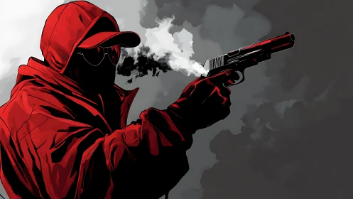 Mysterious figure in red coat holds smoking pistol calmly.