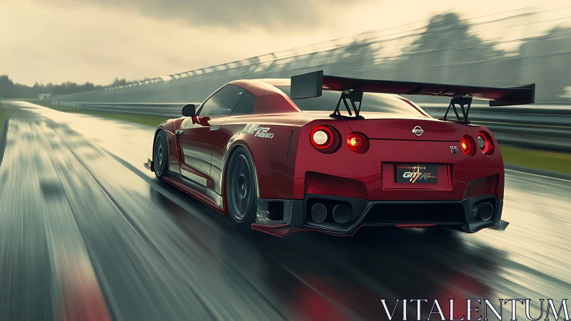 Red Nissan GT-R accelerated on wet racetrack with dynamic motion blur
