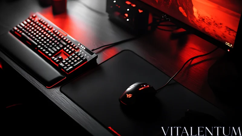 Red-backlit mechanical gaming keyboard, mouse and monitor setup