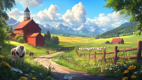Sunlit mountain farm with red barn, cows, and wildflowers.