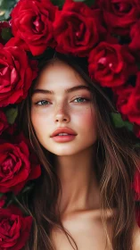 Symmetrical portrait of young woman framed by saturated red roses