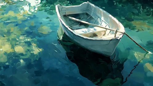 Rowboat rendered in loose impasto strokes on reflective teal water
