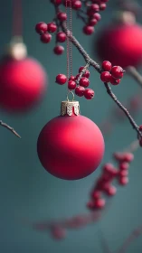Red ornament and berry branches against teal background.