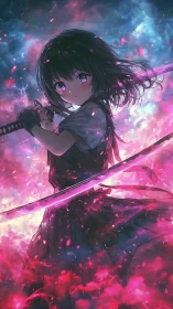 Anime swordswoman holds glowing katana amid pink energy