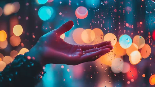 Outstretched hand catching rain amid neon city bokeh.