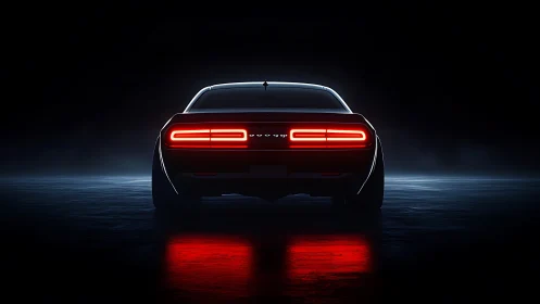 Muscle car rear profile glows with neon red taillights.