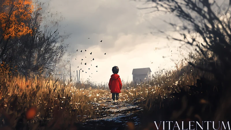 Child in red coat walking toward distant house through field.