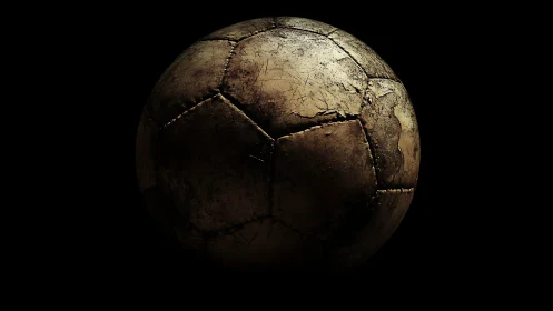 Aged leather soccer ball glows softly against deep black