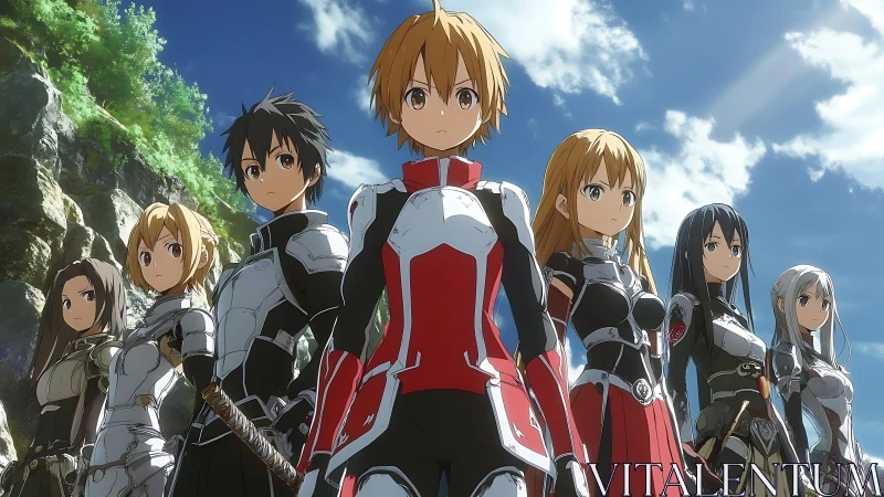 Anime heroic squad in tactical armor under dramatic sky.