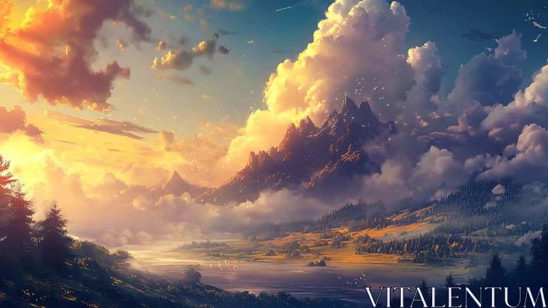 Sunlit alpine range beneath towering golden clouds.