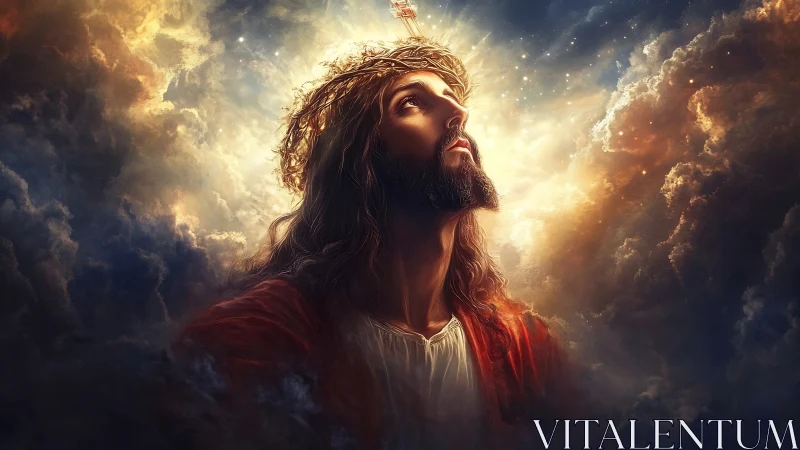 Radiant figure in prayerful light amid glowing storm clouds.