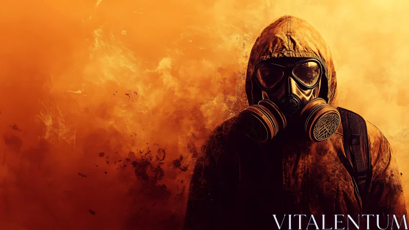 Hooded figure in gas mask stands against fiery orange haze
