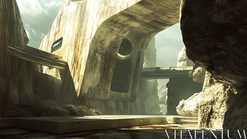 Deteriorated concrete structure with architectural vault openings and rock formations