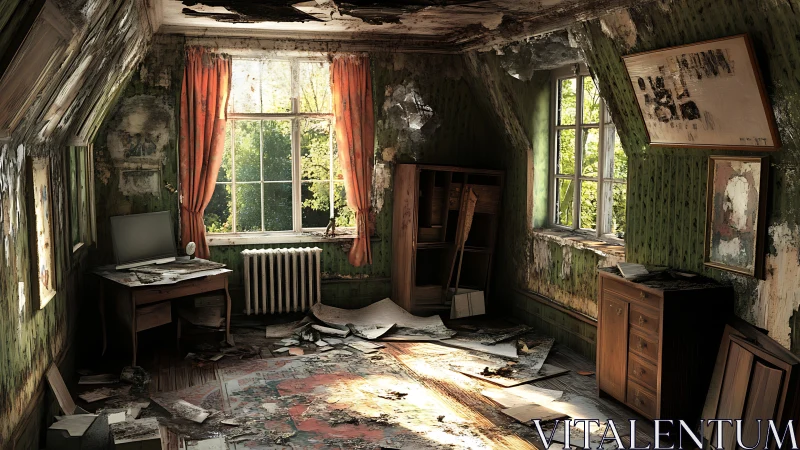 Sunlit decay politely invades an abandoned attic study