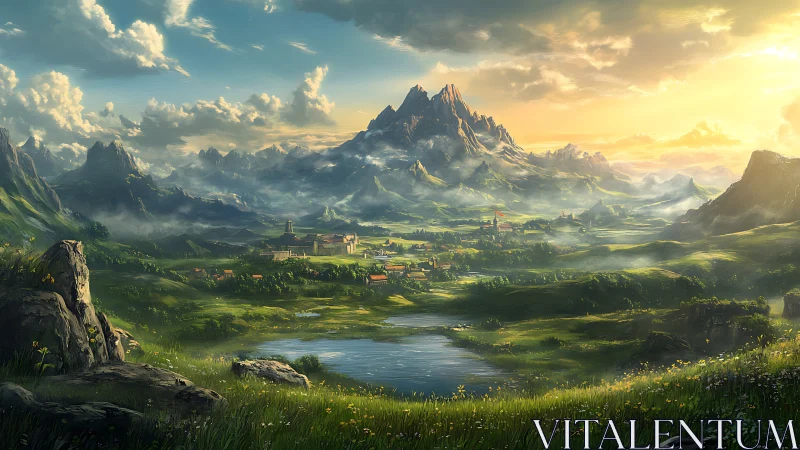 Digital painting landscape with luminous alpine kingdom vista.