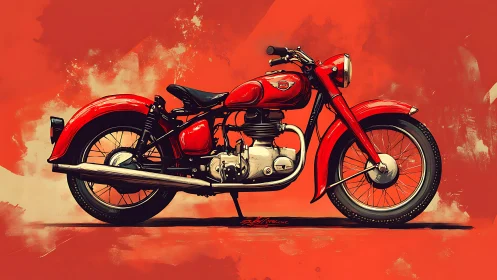 Retro single-cylinder motorcycle on saturated red ground plane.