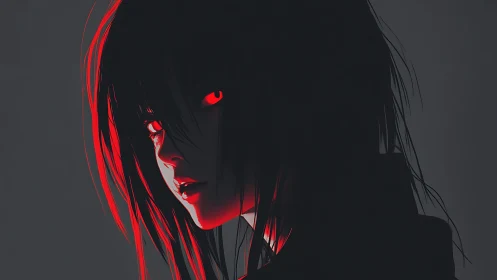 Red-eyed shadowed girl gazes back in stark neon light.