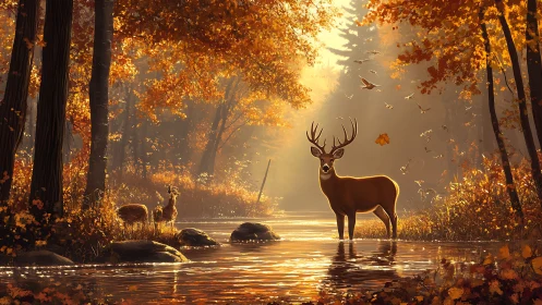 Stag stands in shallow autumn forest stream under warm light