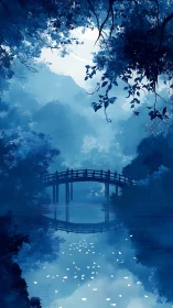 Moonlit wooden bridge arches over misty reflective river