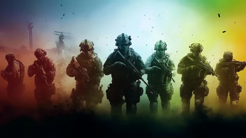 Tactical assault squad advances through chromatic battlefield haze