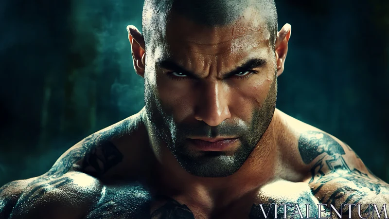 Tattooed warrior locks eyes with intense cinematic focus