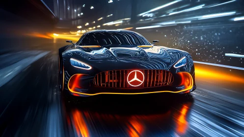 Futuristic Mercedes supercar races through neon tunnel at speed