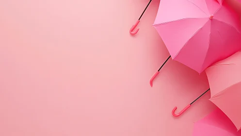 Pink umbrellas line a soft pastel background with minimalism.