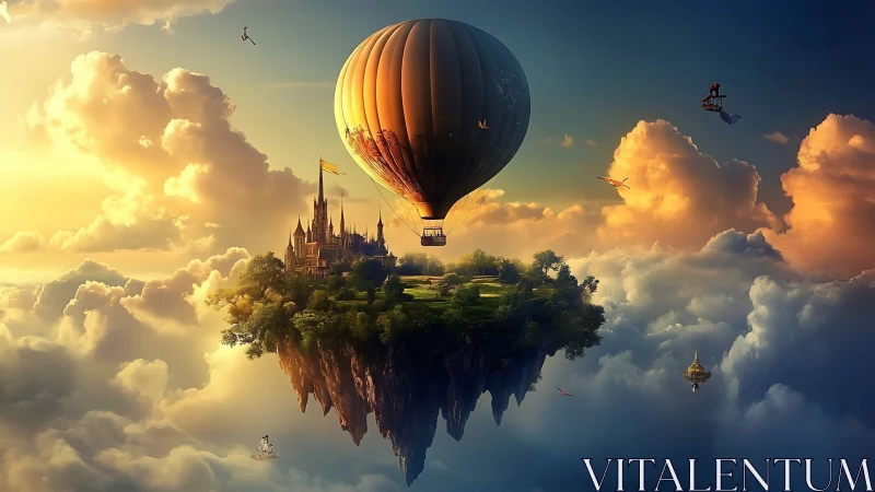 Floating island castle and balloon traverse layered cloudscape