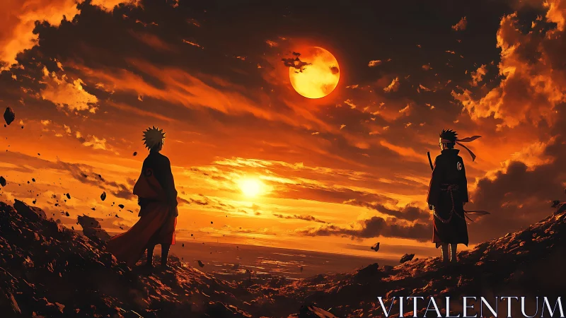 Twin warriors silhouetted against molten dusk sky.