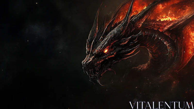 Firelit obsidian dragon coils through darkness and roars.