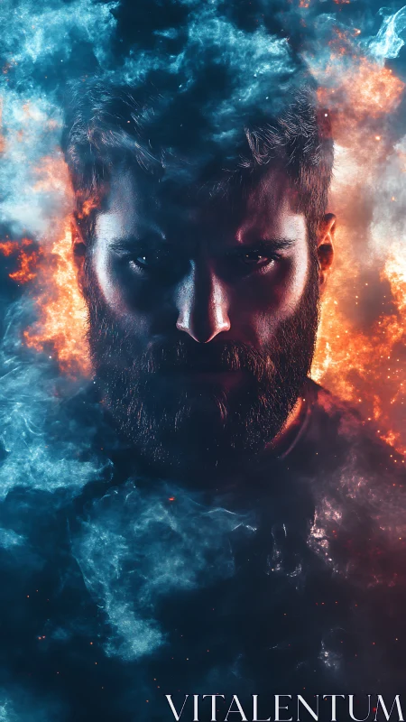 Bearded male portrait framed by elemental fire and smoke.
