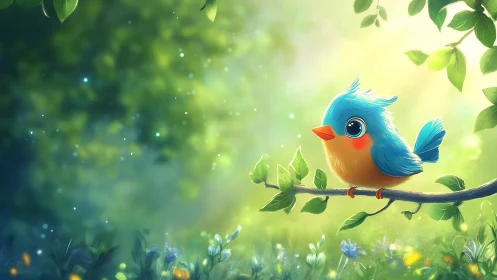Cute Blue Cartoon Bird on Branch in Lush Sunlit Forest Background.