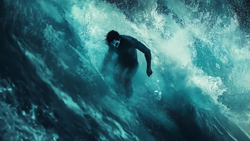 Stormrider locked in teal waves of roaring liquid thunder.