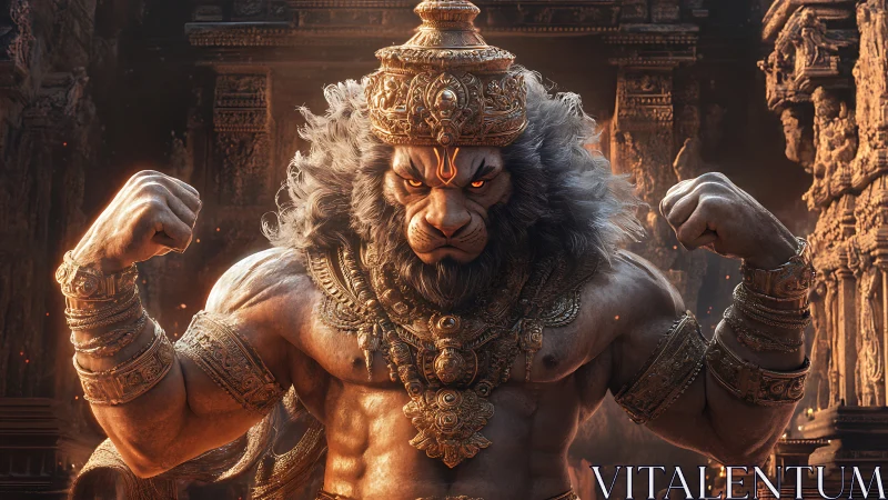 Mythic lion warrior flexes within ornate stone temple.
