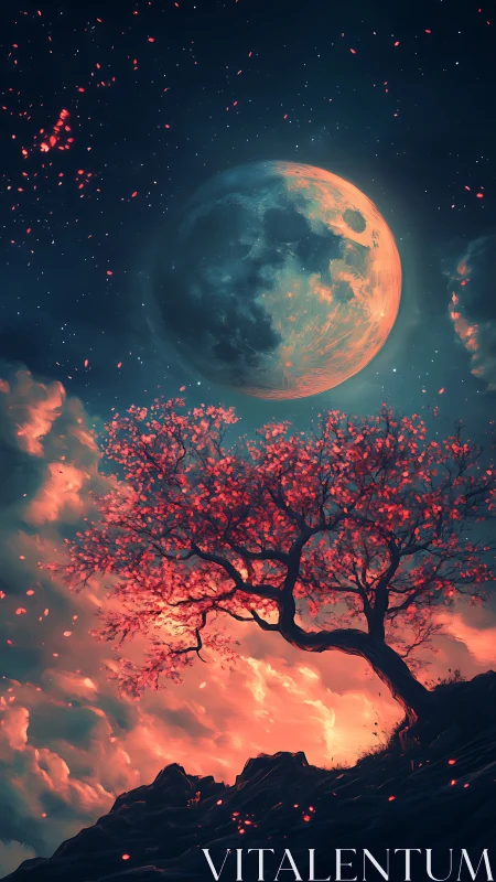 Moonlit blossom tree glowing over dream-bright clouds.