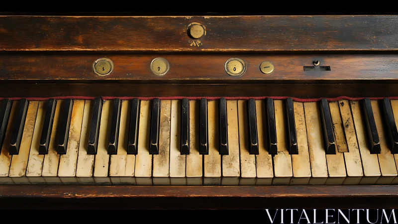 Weathered upright piano keyboard with cracked ivory keys