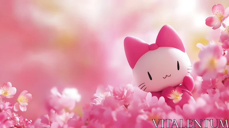 Kawaii pink cat mascot nestled in dreamy cherry blossoms.