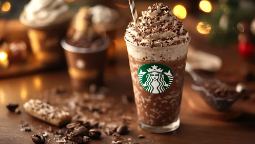 Iced mocha frappuccino with whipped cream in warm bokeh light.