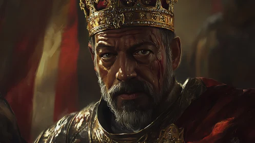 Battle-scarred medieval king stares forward in dim light